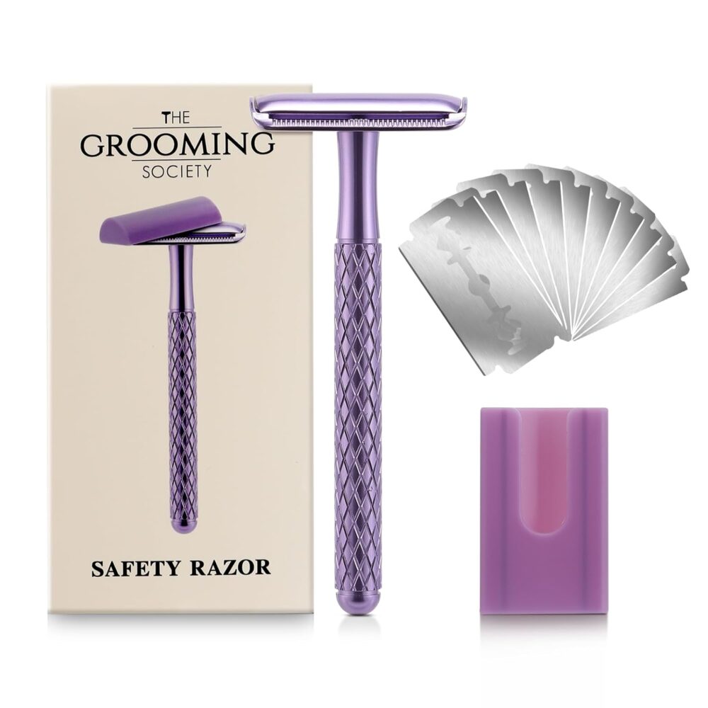 Double Edge Safety Razor for Women Purple with 10 Blades and Silicone Cover - Durable Metal Eco-Friendly Single Blade Razor - Closed Smooth Shave