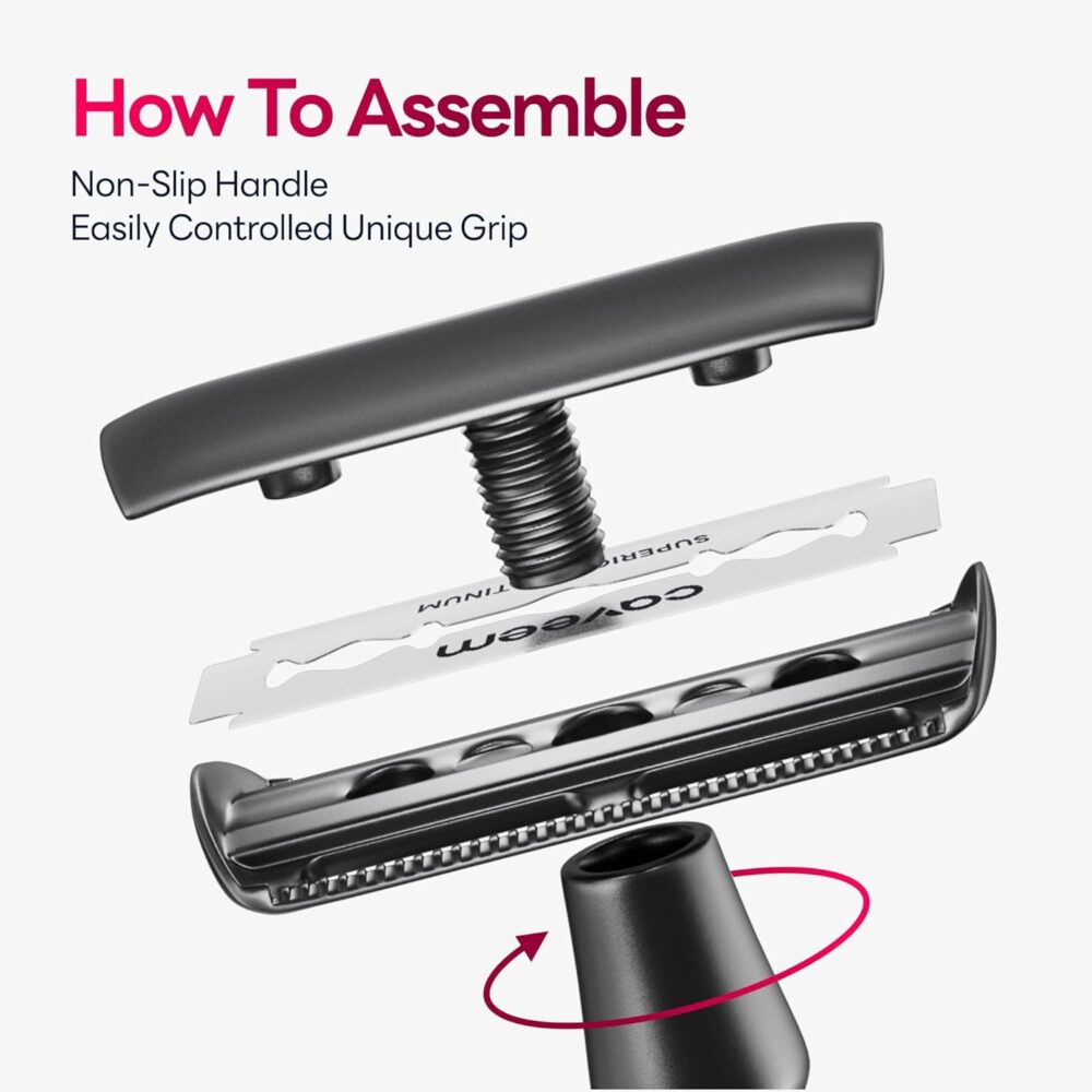 Double-Edge Safety Razor, Single-Blade Razors with 5 Stainless Steel Razor Blades for Men and Women, Reusable Metal Razor – Gun Metal Black - Image 4