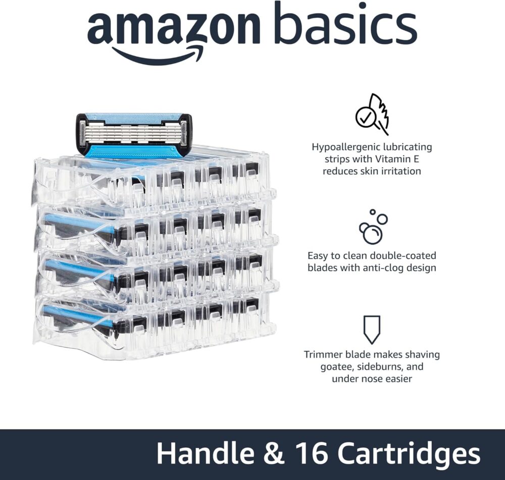 Amazon Basics 5-Blade MotionSphere Men\'s Razor with Dual Lubrication and Precision Trimmer, 17 Piece Set, 1 Handle & 16 Cartridges, Black - Image 2