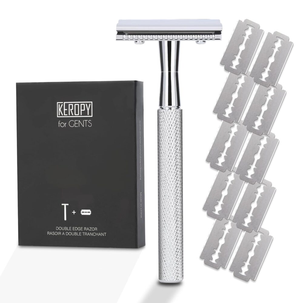 Keropy®Double Edge Safety Razor With 10 Premium Stainless Steel Reusable Single Blade Razors For Men and Women, Smooth Wet Shave Experience, Glossy Silver