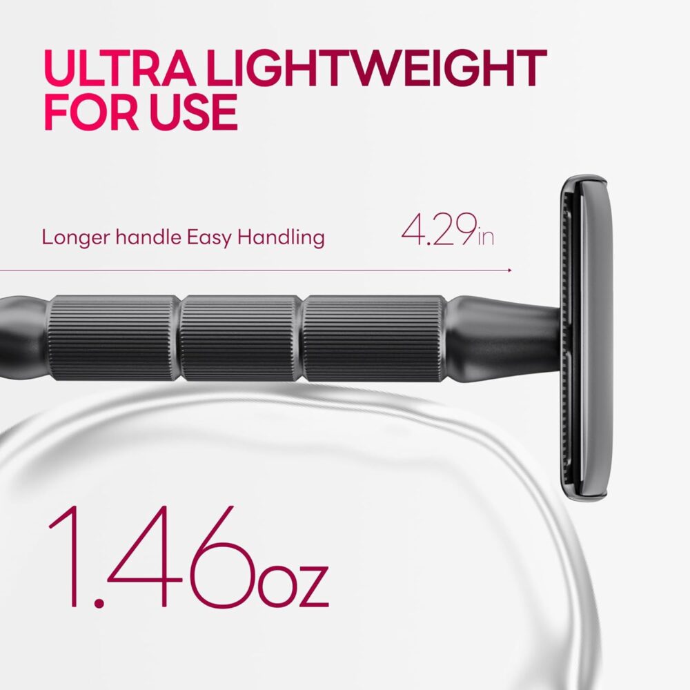Double-Edge Safety Razor, Single-Blade Razors with 5 Stainless Steel Razor Blades for Men and Women, Reusable Metal Razor – Gun Metal Black - Image 2