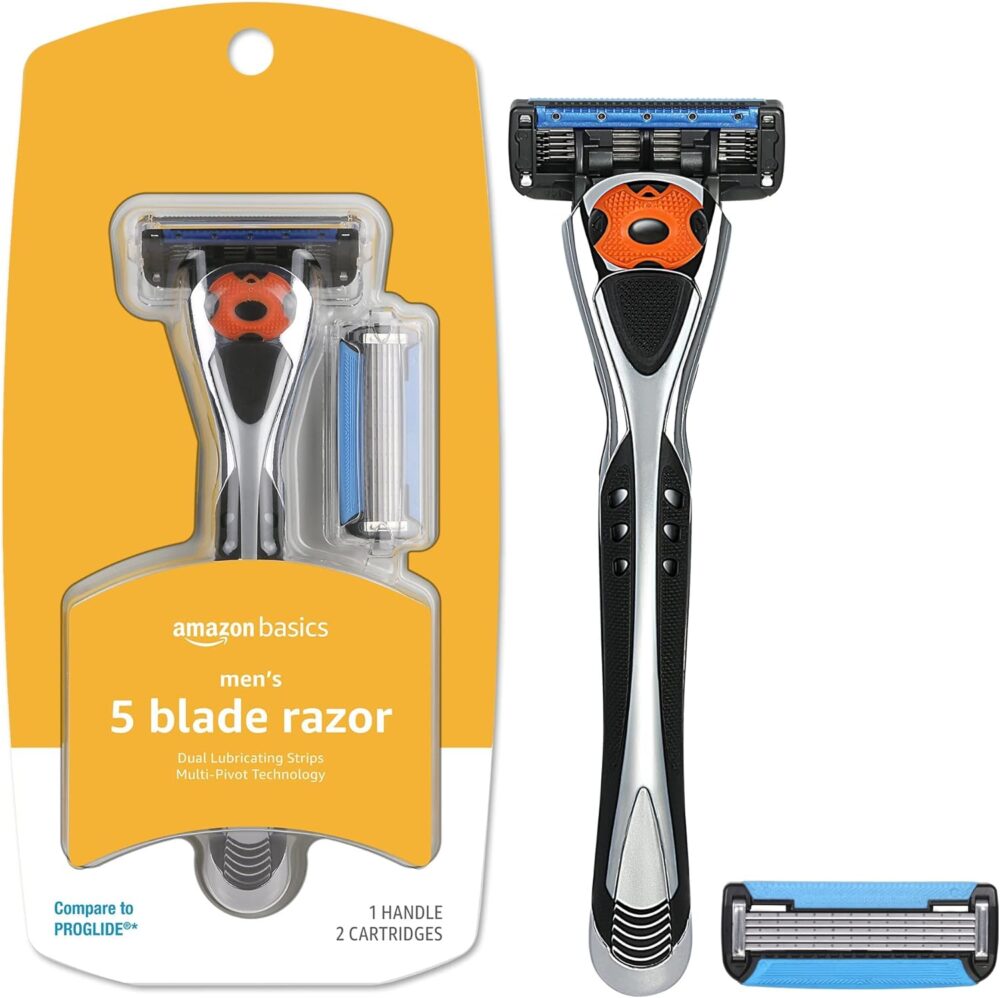 Amazon Basics 5-Blade MotionSphere Razor for Men with Dual Lubrication and Precision Beard Trimmer, Handle & 2 Cartridges (Cartridges fit Amazon Basics Razor Handles only) (Previously Solimo)