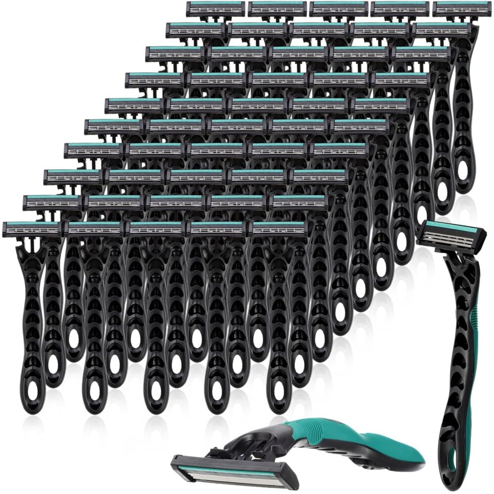 50 Pcs Men\'s Disposable Razors Bulk 3 Blade Men Razors for Head Sensitive Skin Comfortable Shave