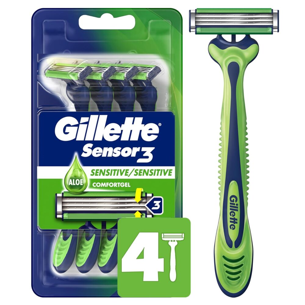 Gillette Sensor3 Sensitive Men\'s Disposable Razor, 4 Razors