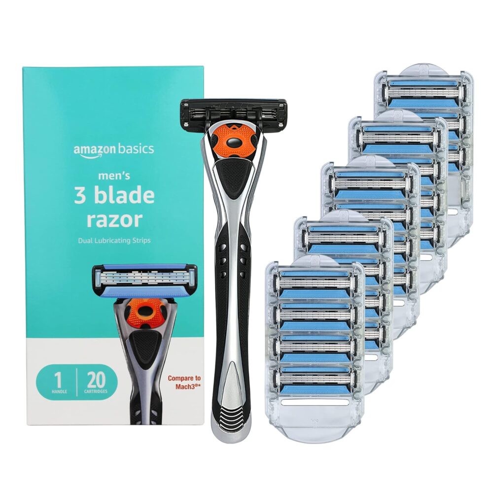Amazon Basics 3-Blade Motion Sphere Razor for Men with Dual Lubrication, Handle & 20 Cartridges, Cartridges fit Amazon Basics Razor Handles only, 21 Piece Set, Black (Previously Solimo)