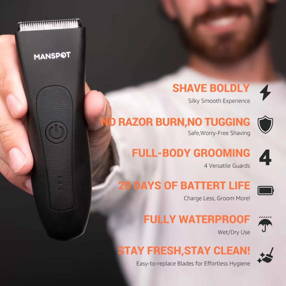 MANSPOT Manscape Groin & Body Hair Trimmer for Men, Electric Ball Pubic Trimmer Shaver,Manscape Kit with 4 Guard,Replaceable Ceramic Blade Heads,Waterproof Wet/Dry Shaver,90 Minutes Shaving - Image 6